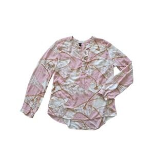 Jean Pascale Pink Chain Print Blouse M Long Sleeve Silk Feel Equestrian‎ Luxe
